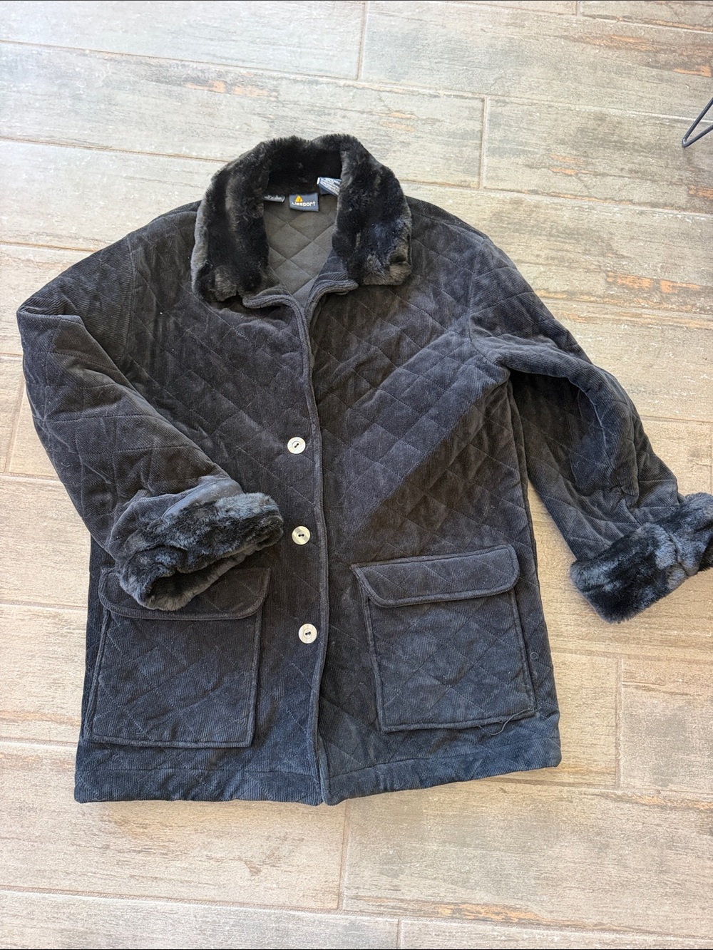 Quilted Faux-Fur Trim Black Pea Coat